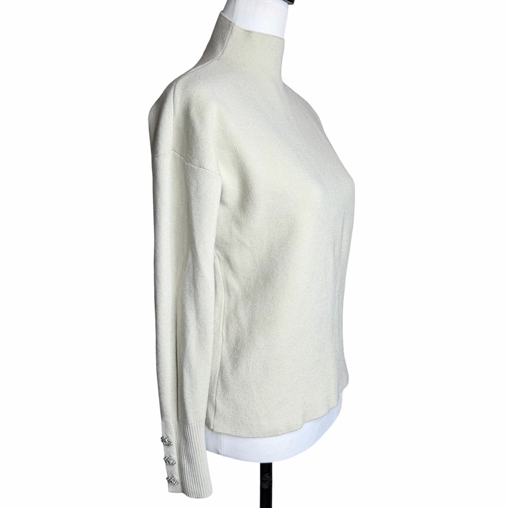 Tahari‎ Rhinestone Button Cuff Mock Neck Sweater - Cream/Beige Size Small